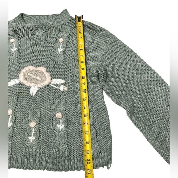 Vintage Shenanigans Knitted by Hand Made Blue Green Knitted Sweater Pink Flowers - Picture 5 of 9
